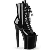 Pleaser XTREME-1021 Black Pat 8 Inch (200mm) Heel, 4 Inch (100mm) Platform Peep Toe Lace-Up Front Ankle Boot, Inside Zip Closure